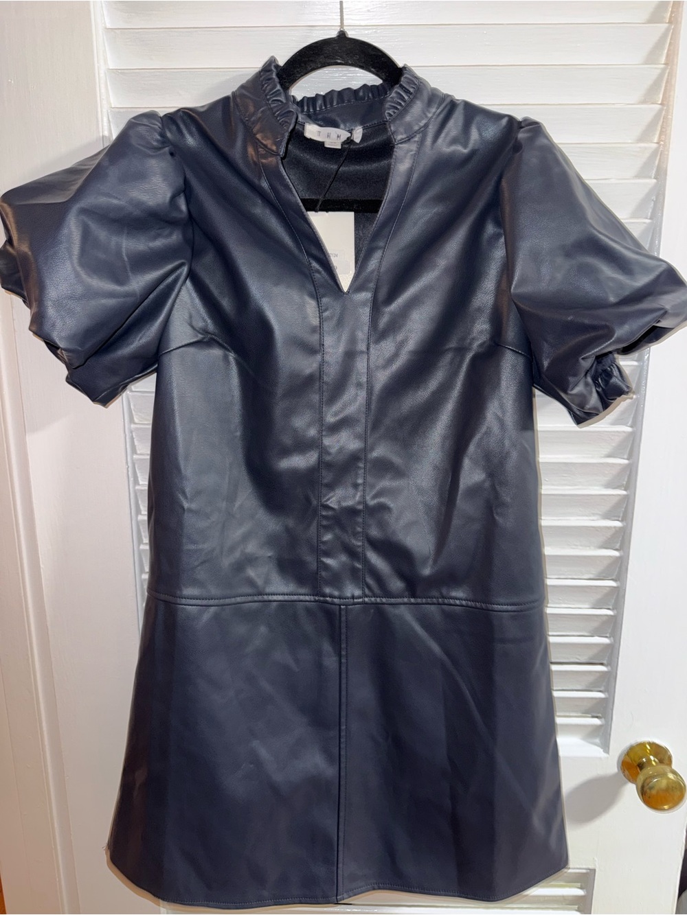 THML Faux Leather Puff Sleeve Dress - Navy